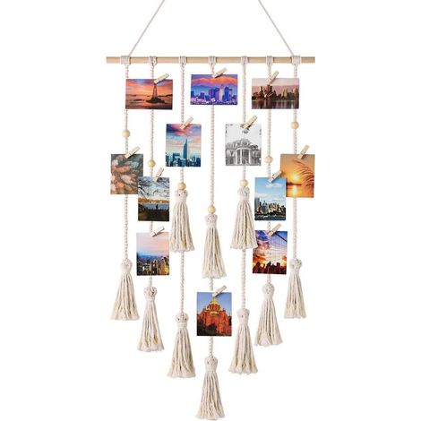 Décoration murale photo en macramé 108x43cm, corde en coton, pinces en bois, compatible chambre, salon, dortoir, 1 pièce (1/5)