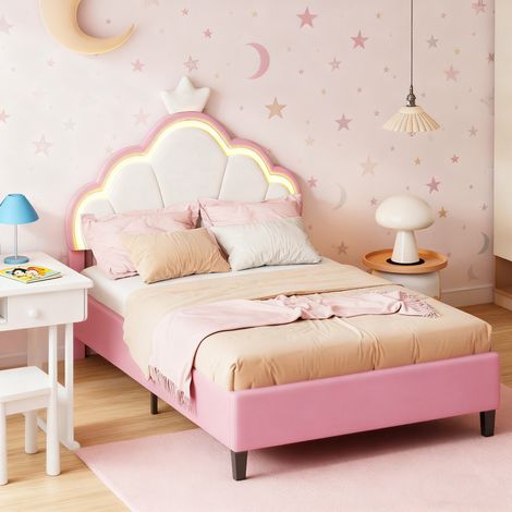 Lit 90 x 200cm,lit princesse 90 x 200 avec sommier, cadre de lit, Lit enfant, Lit simple avec LED,  avec tete de lit, rose, velours