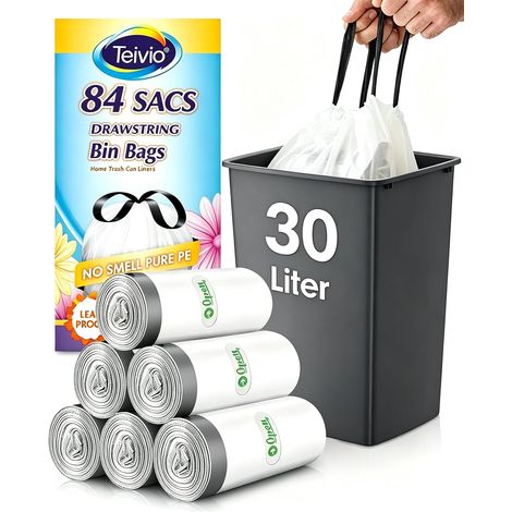 Lot de 84 sacs poubelle moyens de 30 litres avec robinet à lier, cordon de serrage solide, adaptés aux poubelles de 25 à 30 l, pour la maison, le bureau, la cuisine, la salle de bain, la (1/5)
