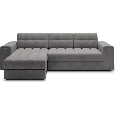 Canapé d'angle convertible KAPITARA gris capitonné réversible avec coffre de rangement (1/5)
