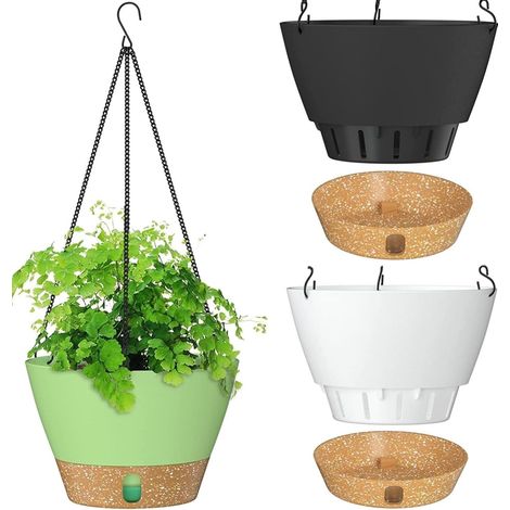 3 Pièces Pot de fleurs suspendu, Plastique ABS, Arrosage automatique, Niveau d'eau visible, Chaîne acier, Jardin Balcon