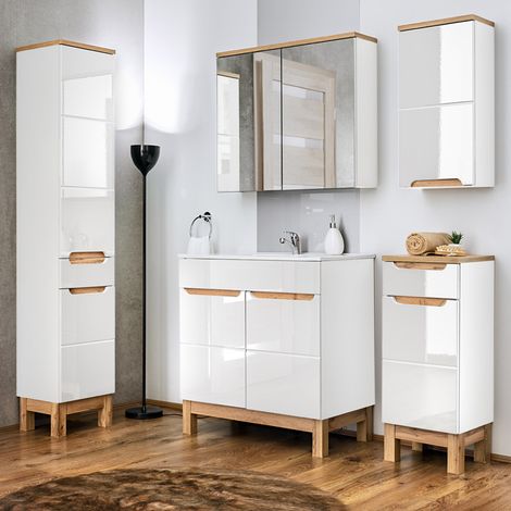 Badmöbel Set 5-teilig 80 cm mit Keramik Waschbecken SOLNA-56 Hochglanz weiß inkl. Standfüßen BxHxT ca.: 180 x 200 x 45 cm (1/5)