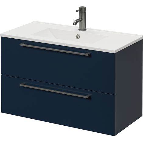 Napoli 390 Deep Blue 800mm Wall Mounted 2 Drawer Vanity Unit with Angel Basin - 800mm - Gunmetal Grey 480mm Handle