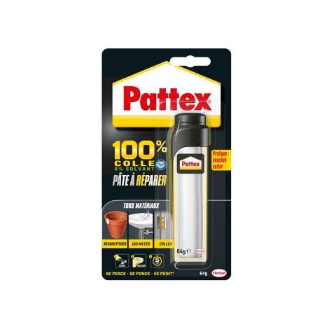 Pattex 100% Pâte à réparer multi-usages, Pâte epoxy bi-composante pour collages sur de multiples matériaux, permet de reconstituer de la matière, pâte peignable & ponçable, tube de 64 g (1/5)