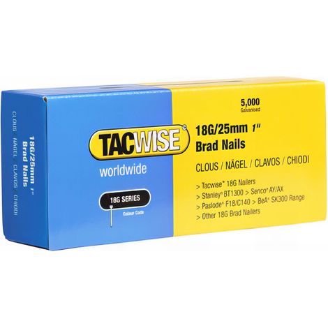 Tacwise – Lot de 5000 clous 18G – Acier galvanisé – Longueur 25mm – Pour cloueurs pneumatiques et applications de finition bois