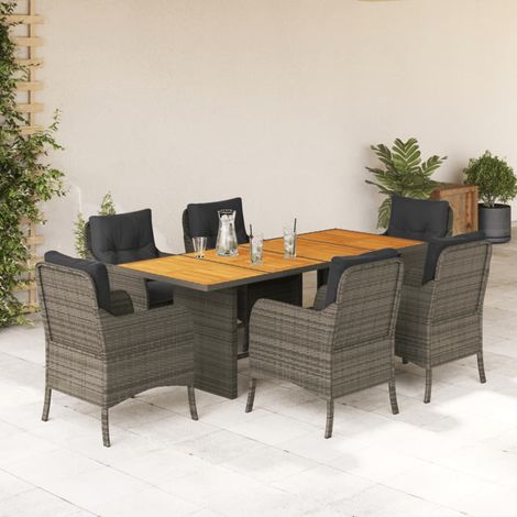 Ensemble repas de jardin 7 pièces en résine tressée gris avec table, 6 chaises et coussins, 69.8kg - PANGIVO (1/5)