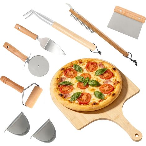 Kit d'accessoires de four à pizza – Kit polyvalent de 7 outils de fabrication de pizza pour la maison et l'extérieur, comprend une pelle à pizza, une brosse à four, un bouton-pression, une roulette de (1/5)