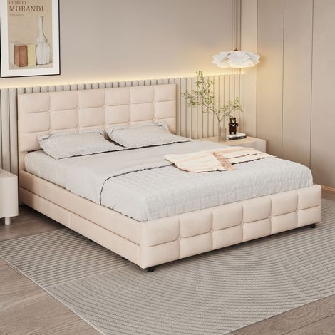 Cama de 180x200 cm con 4 cajones, cama doble acolchada, cama adulto con base de láminas y cabecero, de terciopelo, beige, sin colchón (1/5)