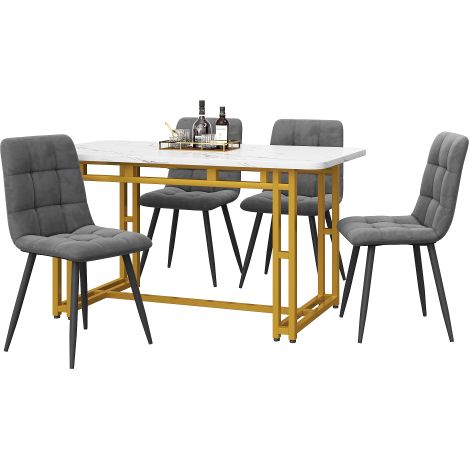 Table 120×70cm pieds dorés, 4 chaises velours gris foncé, ensemble repas