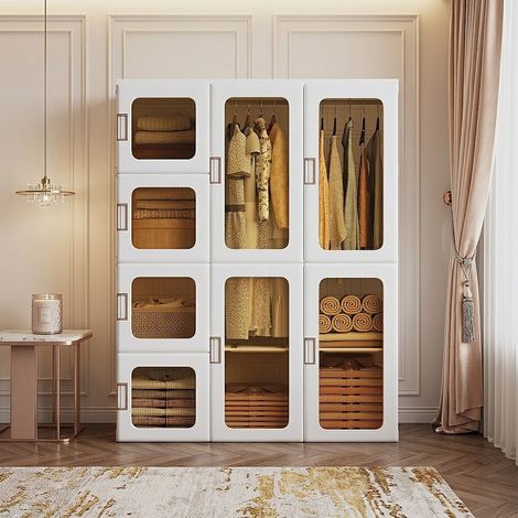 Armoire Pliable 12 Compartiments Blanche et Portes Translucides, Penderie Portative Gain de Place avec 2 Tringles, Rangement Magnétique 104x50x136cm (1/5)