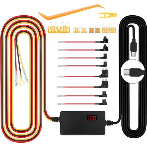 Kit cablaggio per Dash Cam da 12V-24V a 5V 3A con indicatore di tensione, tensione regolabile, modalità parcheggio 24 ore su 24, protezione da scarica della batteria, tipo C, avviamento di emergenza (1/4)