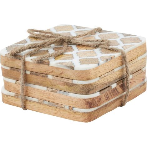 Geometric Coasters (Set of 4) - Wood - L1 x W10 x H10 cm - Brown/White