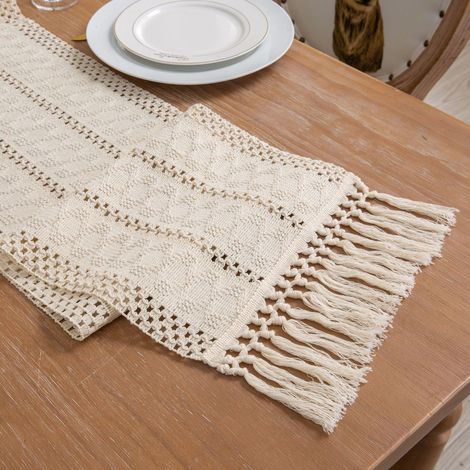 Runner De Table - 13 X 70 Pouces - Coton Et Polyester - Style Rustique Bohème - Pour Table À Manger Et Table Basse - Blanc - 1 Pièce (1/4)