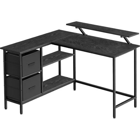Bureau en Forme de L Avec 2 Tiroirs Spacieux, avec Support pour Écran, d'Angle, d'Ordinateur Avec Étagère Réglable, pour Bureau, Noir (1/5)