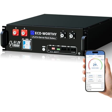ECO-WORTHY LiFePO4 48V 100Ah Bluetooth,5.12KWh Lithium batterie mit 100A BMS, Server Rack Solarbatterie für Solaranlage Komplettset,Photovoltaikanlage,Wohnmobil