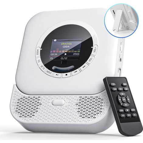 Portable CD Player with Bluetooth Receiver and Transmitter, HiFi Speakers, Built-in LED Display, FM Radio (White)