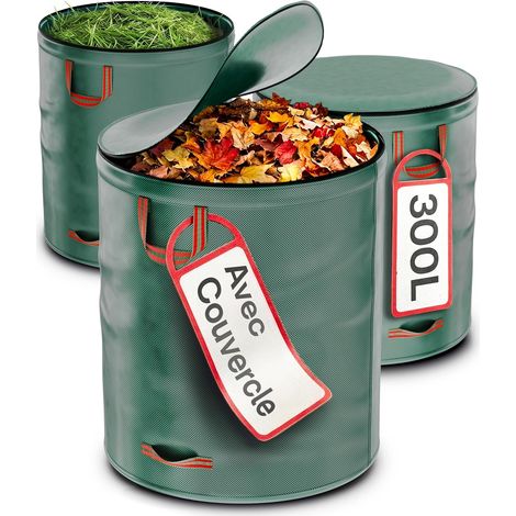 3x Sac Jardin Dechets Verts 300L avec Couvercle - Sac Jardinage Réutilisable - Stable & Pliable - Sac Végétaux et Feuilles Mortes