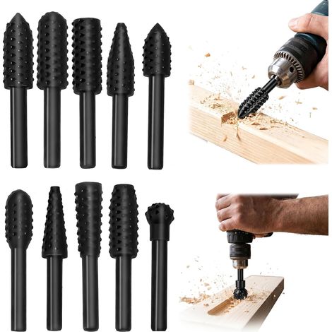 Ensemble de 10 râpes à bois pour perceuse, embouts de râpes à bois à tige de 1/4 pouce et kit de limes rotatives pour le bricolage, la sculpture et la gravure sur bois (1/5)