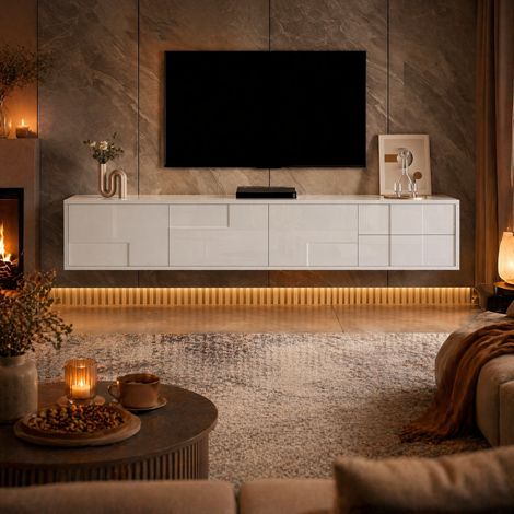 Meuble TV 170 cm blanc avec 3 portes et 2 tiroirs, sans poignées, à poser ou à suspendre DESVIAE (1/5)