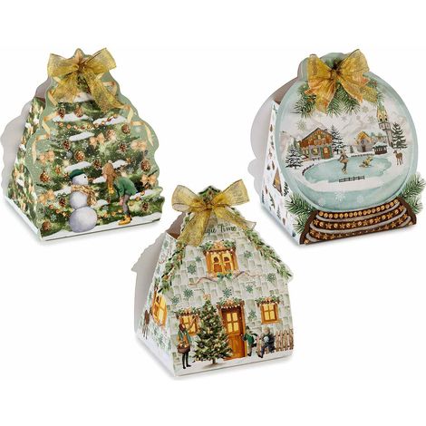 Scatole natalizie sagomate a casetta in carta con fiocco con stampa paesaggio natalizio innevato, set da 12 pezzi, cm 16,5 x 12,5 x 18,5 H