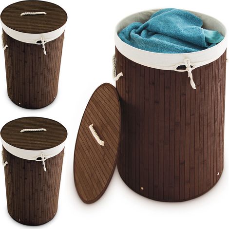 Relaxdays, 3x Bamboo Laundry Baskets, Foldable Hamper with Lid, 70L, Cotton Bag and Side Handles, HxØ: 65 x 41 cm, Brown