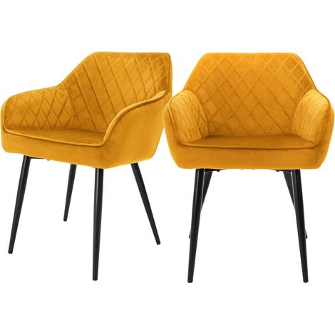 ML-Design Set 2x Sillas de Comedor Color Ocre Estilo Moderno Asiento Tapizado Aspecto de Terciopelo Patas de Metal Negras con Respaldo y Apoyabrazos Sillón Moderno de Salón Oficina Dormitorio Cocina (1/5)