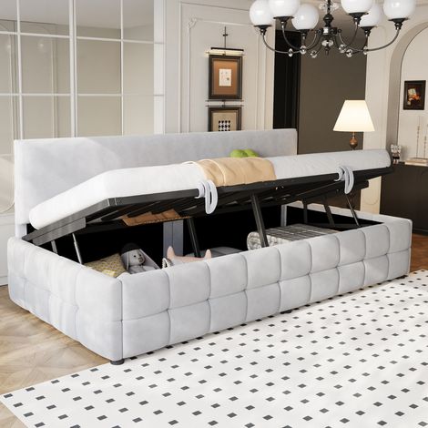 Letto singolo imbottito 90x200 cm grigio chiaro in velluto con vano contenitore idraulico (1/5)