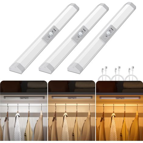 Lot de 3 lampes de placard avec capteur de mouvement, protection oculaire avec 3 modes réglables, LED adhésives magnétiques pour armoire, couloir, escalier, cuisine (1/5)