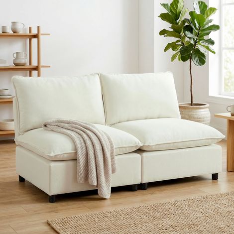Modulares 2-Sitzer-Sofa, modernes 146 cm langes Wohnzimmersofa ohne Armlehnen, mit breiter Sitzfläche, dicken Kissen, cremefarben