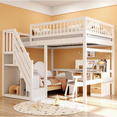 Letto a soppalco in legno massello 140x200 cm bianco con scala contenitore e sponde alte (1/5)