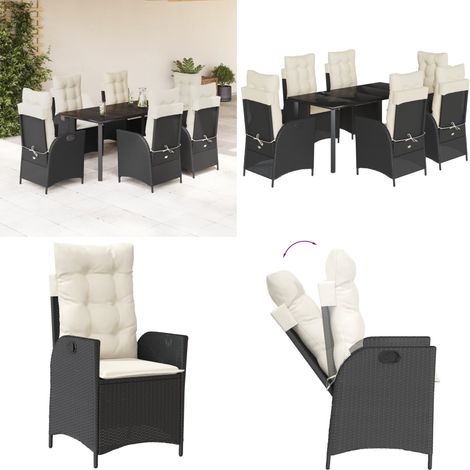 7-tlg. Garten-Essgruppe mit Kissen Schwarz Poly Rattan - Gartenstuhl - Gartentisch (1/5)
