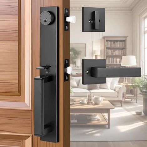 Ensemble de poignées de porte avant, poignée extérieure monocylindre avec levier et pêne dormant, robuste, noir mat, moderne, serrure de porte d'entrée avec clé, réversible pour portes droitières et (1/5)