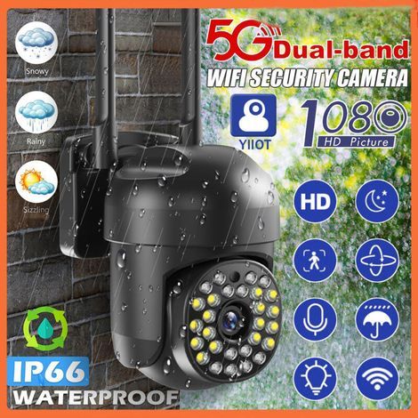 Caméra de sécurité extérieure sans fil 5G, caméra PTZ 2MP, 2.4G/5GHz Dual Bands, vision nocturne couleur, alarme son/lumière, détection de mouvement, suivi automatique, conversation bidirecti (1/5)