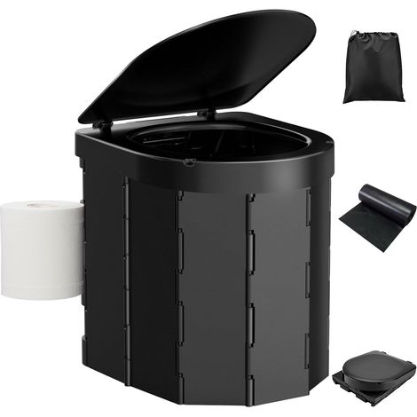 Toilettes de camping pliantes pour adultes avec couvercle et porte-papier toilette télescopique, sac de transport et doublure jetable (noir) (1/5)