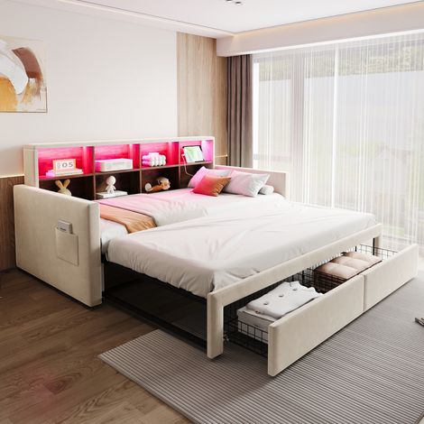 Bett Schlafsofa Ausziehbar 90x190 Samt Beige HAVRYA (1/5)