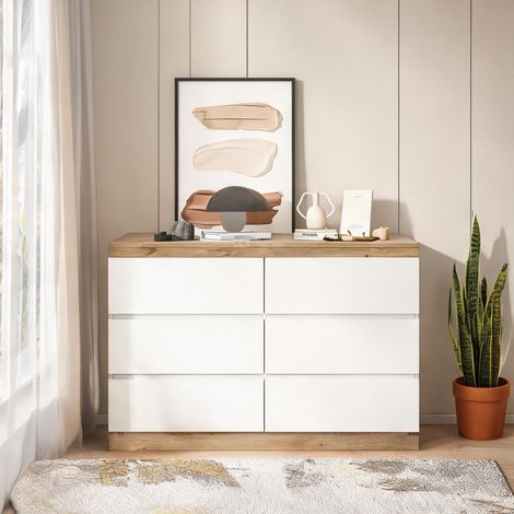 Commode blanche 6 tiroirs aspect chêne 110 cm chambre (1/5)