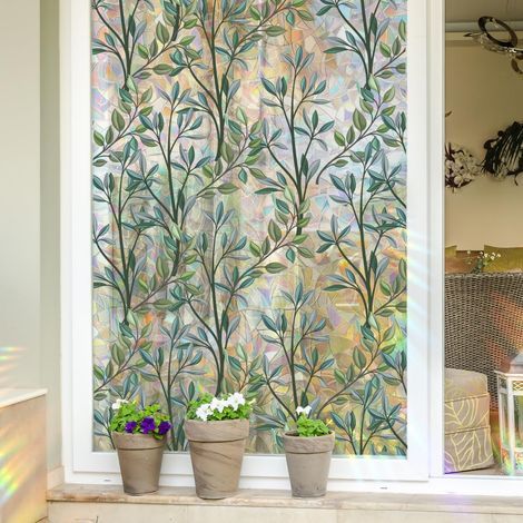 Film Fenetre Anti Regard Effet Arc en Ciel Occultant Fenêtre Film Electrostatique Opaque Feuilles de Plantes pour Vitre Brise Vue Bureau Maison Salle de Bain Chambre Cuisine, 45 x 100cm (1/4)