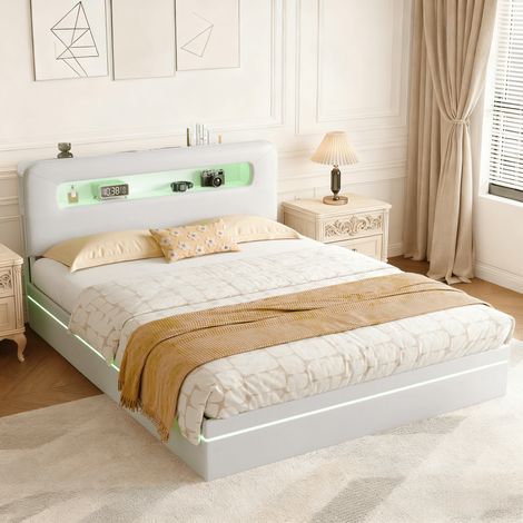 Lit coffre 160x200 cm avec rangement hydraulique, Cadre de lit 160x200 avec sommier LED et tête de lit rangement, velours, beige (1/5)