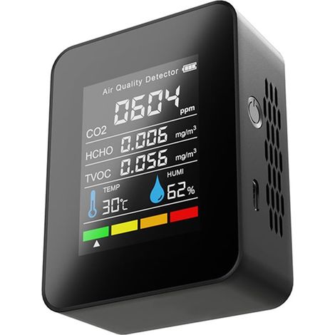 Medidor de calidad del aire 5 en 1, medidor de CO2 portátil 1200 mAh recargable, detector de CO2/TVOC/HCHO/temperatura/humedad para oficina, sala de estar con alarma (medición IR) (1/5)