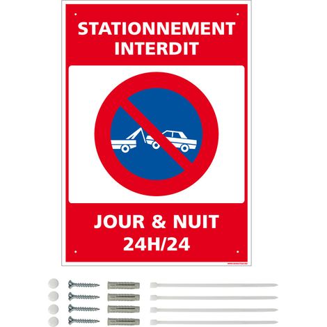 Panneau de signalisation prépercé PVC ou ALU rectangulaire + kit de fixation - Stationnement interdit, jour & nuit 24h/24 - PVC 1 mm - 150 x 210 mm