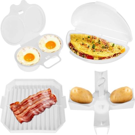 Kit de cocina para microondas, máquina para hacer tortillas, máquina para hacer huevos escalfados, bandeja para tocino, rejilla para papas, utensilios antiadherentes, listo en 2 minutos. (1/5)