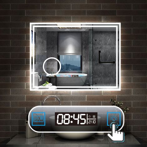 80 x 60 cm LED+Beschlagfrei+Uhr+3 Lichtfarben Dimmbar+Kosmetikspiegel+Helligkeit Memory Funktion
