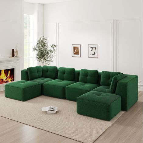 REDOM - Canapé d'angle modulaire en velours côtelé vert, sans montage, design antidérapant, larges accoudoirs (1/5)