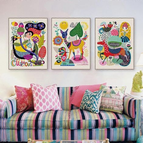 Affiche sur toile imprimée représentant des personnages et des animaux mignons, une décoration murale simple et colorée pour le salon, la chambre, le bureau et la chambre d'enfant. (1/4)