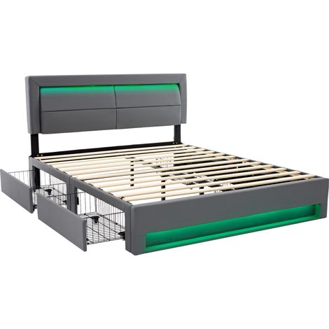 Cama tapizada 140 x 190 cm gris de PU con USB, LED y 4 cajones HOMVRA (1/5)