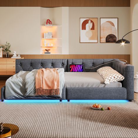 Letto bambini 90x200 cm con illuminazione LED e porte USB/Type-C, in lino, senza materasso, grigio (1/5)