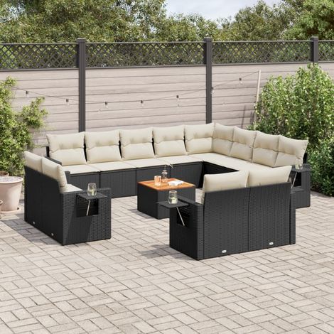 Set de salon de jardin en résine tressée noir 13 pièces avec coussins et table - Aménagement modulaire Housses amovibles (1/5)