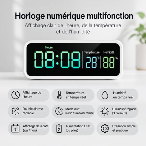 Horloge murale digitale LED WiFi électronique silencieuse noire prise UE réf 0474 36 × 12,5 × 3,5 cm 600 g – Livraison gratuite (1/5)