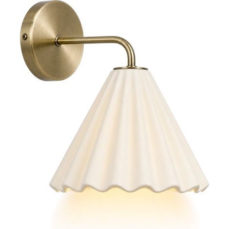 Relaxdays Applique, paralume in ceramica pieghettata, HxLxP: 24 x 22,5 x 19 cm, E14, ottone/bianco crema (1/5)
