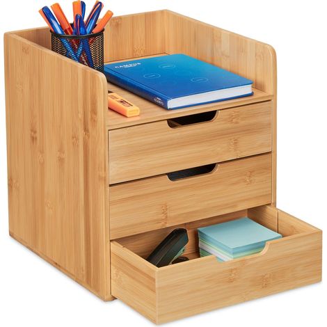 Organiseur en Bambou, 3 tiroirs, matériel Bureau, HxLxP : 33x30x31 cm, Rangement Espace de Travail, Nature (1/5)